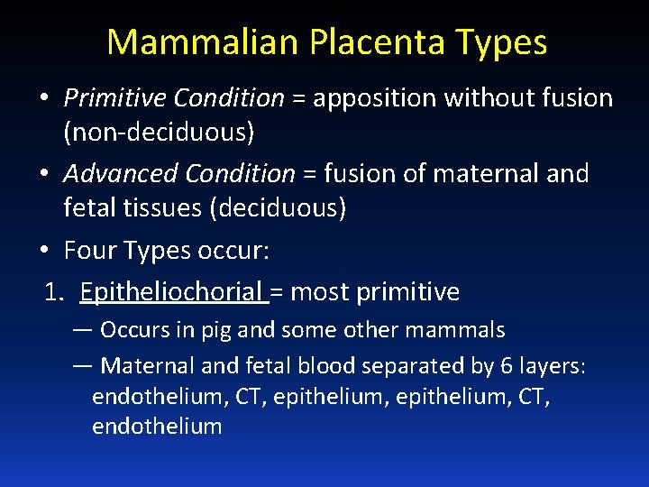 Mammalian Placenta Types • Primitive Condition = apposition without fusion (non-deciduous) • Advanced Condition