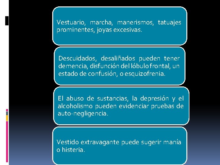 Vestuario, marcha, manerismos, tatuajes prominentes, joyas excesivas. Descuidados, desaliñados pueden tener demencia, disfunción del