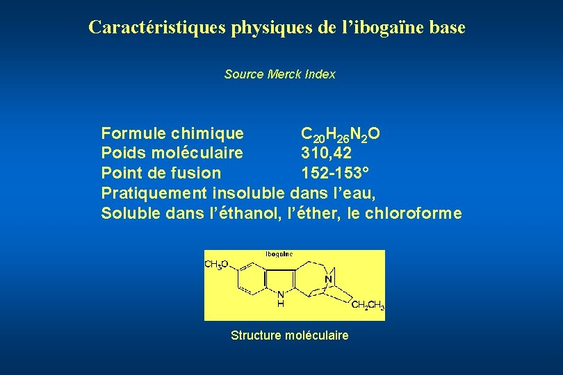 Caractéristiques physiques de l’ibogaïne base Source Merck Index Formule chimique C 20 H 26