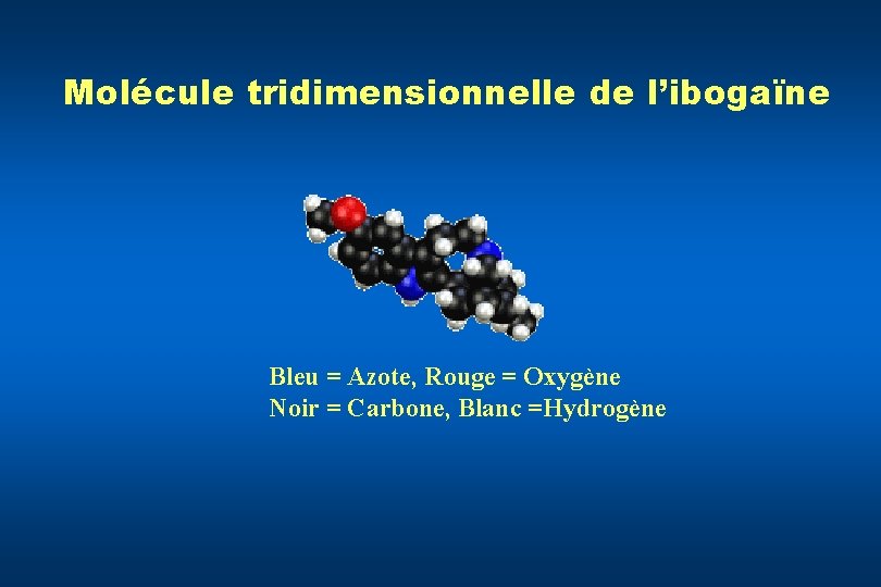 Molécule tridimensionnelle de l’ibogaïne Bleu = Azote, Rouge = Oxygène Noir = Carbone, Blanc
