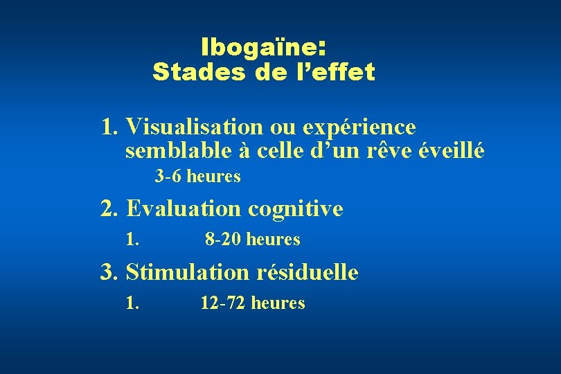 Ibogaïne: Stades de l’effet 1. Visualisation ou expérience semblable à celle d’un rêve éveillé