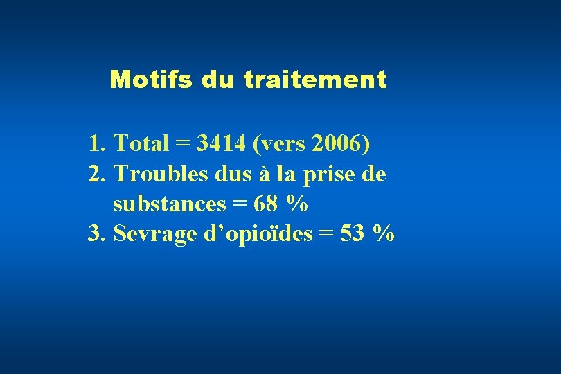 Motifs du traitement 1. Total = 3414 (vers 2006) 2. Troubles dus à la