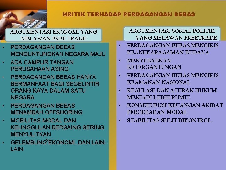 KRITIK TERHADAP PERDAGANGAN BEBAS ARGUMENTASI EKONOMI YANG MELAWAN FREE TRADE • • • PERDAGANGAN