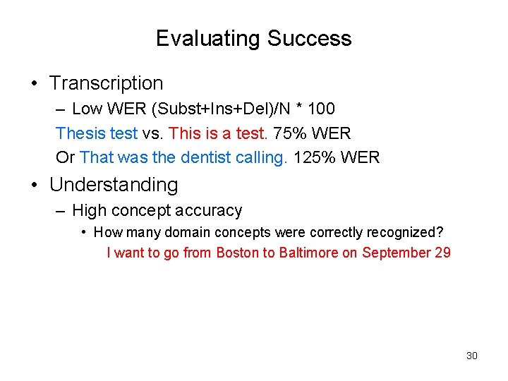 Evaluating Success • Transcription – Low WER (Subst+Ins+Del)/N * 100 Thesis test vs. This