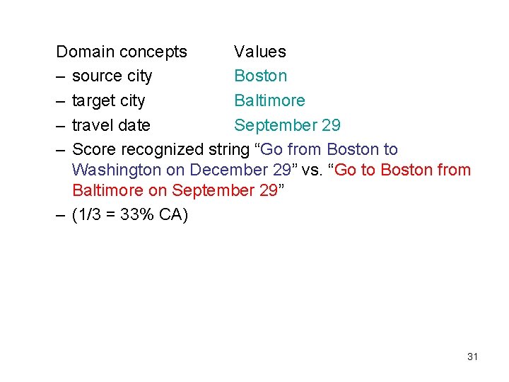 Domain concepts Values – source city Boston – target city Baltimore – travel date