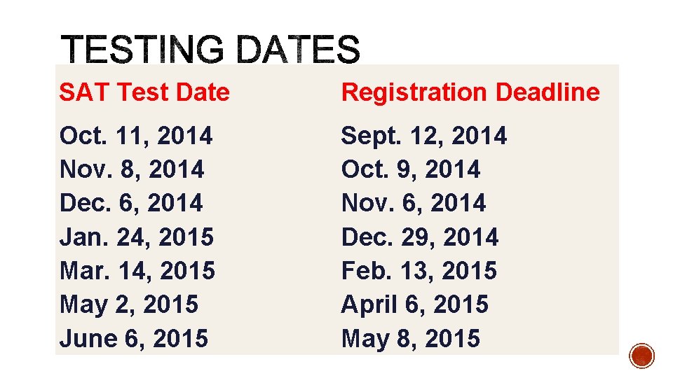SAT Test Date Registration Deadline Oct. 11, 2014 Nov. 8, 2014 Dec. 6, 2014