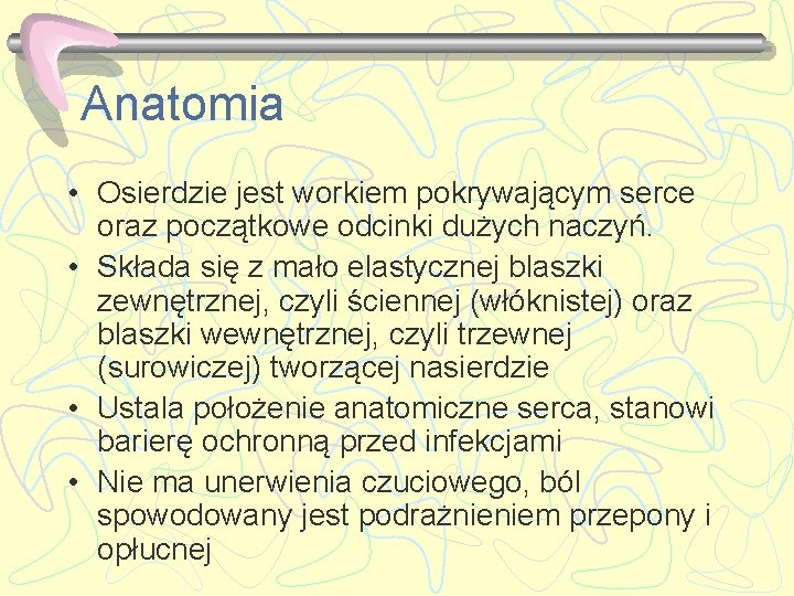 Anatomia • Osierdzie jest workiem pokrywającym serce oraz początkowe odcinki dużych naczyń. • Składa