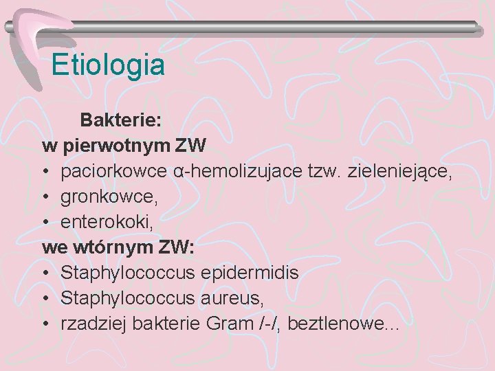 Etiologia Bakterie: w pierwotnym ZW • paciorkowce α-hemolizujace tzw. zieleniejące, • gronkowce, • enterokoki,