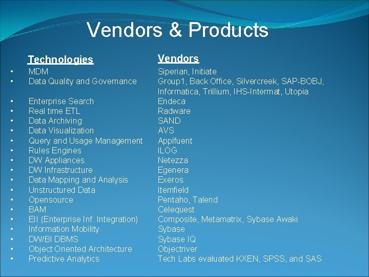 Vendors & Products Technologies Vendors • • MDM Data Quality and Governance • •