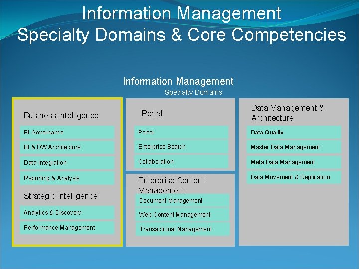 Information Management Specialty Domains & Core Competencies Information Management Specialty Domains Business Intelligence Portal