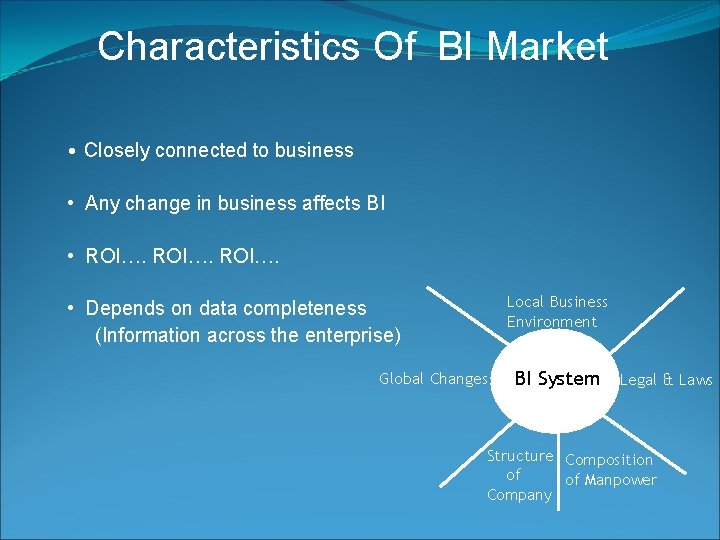 Characteristics Of BI Market • Closely connected to business • Any change in business