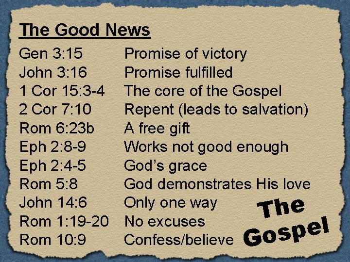 The Good News Gen 3: 15 John 3: 16 1 Cor 15: 3 4
