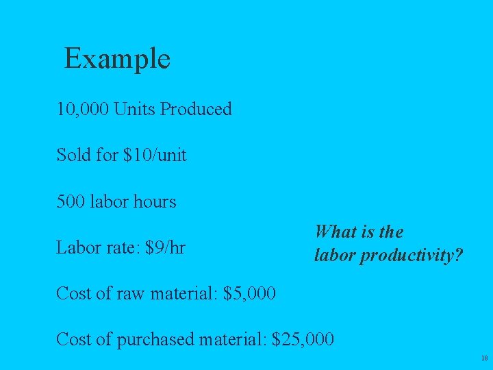 Example 10, 000 Units Produced Sold for $10/unit 500 labor hours Labor rate: $9/hr
