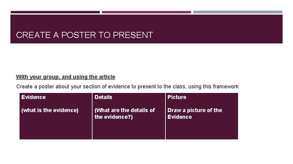 CREATE A POSTER TO PRESENT With your group, and using the article Create a