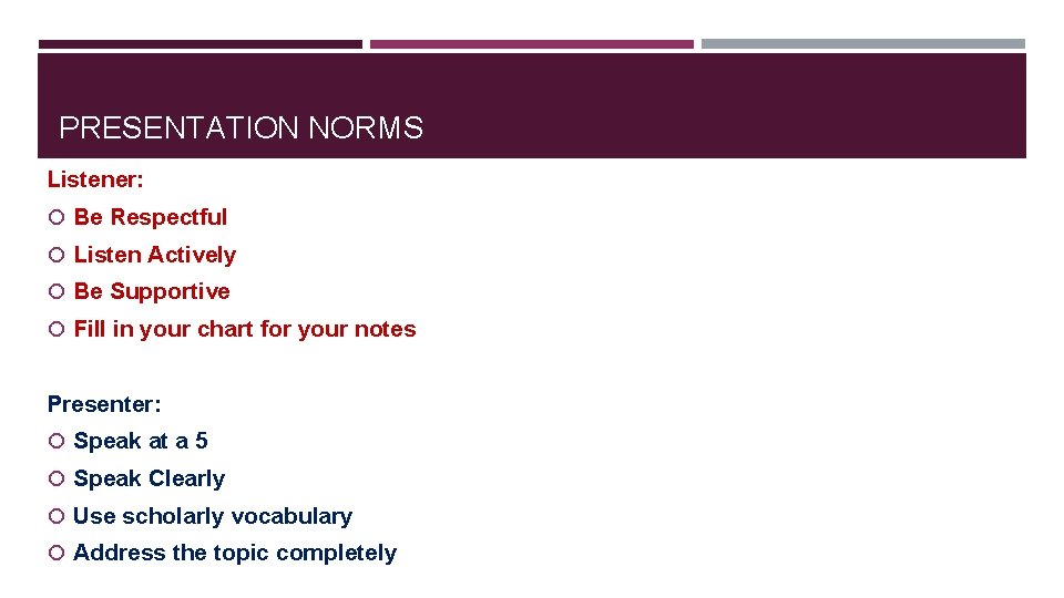 PRESENTATION NORMS Listener: Be Respectful Listen Actively Be Supportive Fill in your chart for