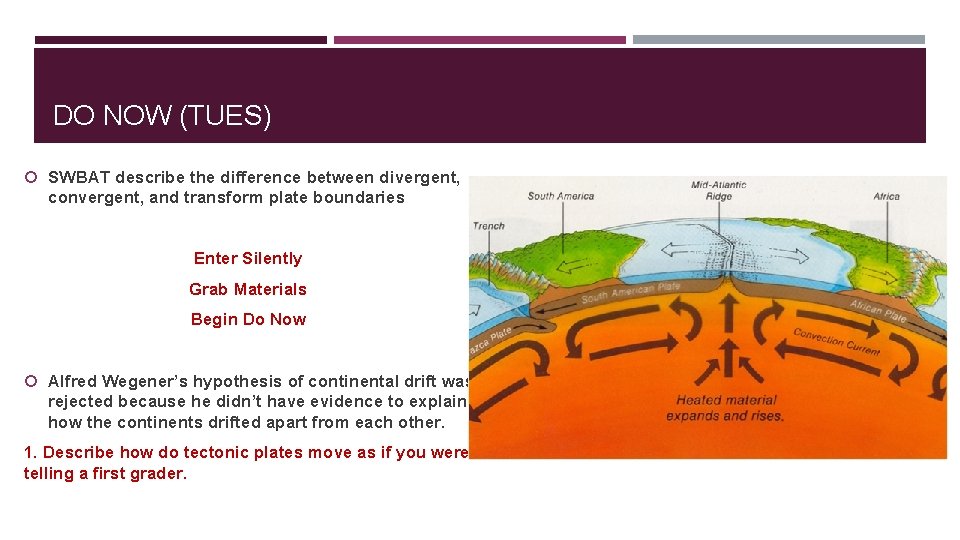 DO NOW (TUES) SWBAT describe the difference between divergent, convergent, and transform plate boundaries