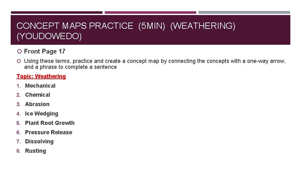 CONCEPT MAPS PRACTICE (5 MIN) (WEATHERING) (YOUDOWEDO) Front Page 17 Using these terms, practice