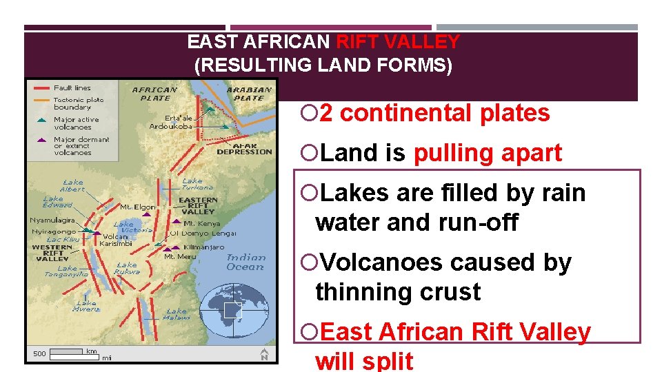 EAST AFRICAN RIFT VALLEY (RESULTING LAND FORMS) 2 continental plates Land is pulling apart