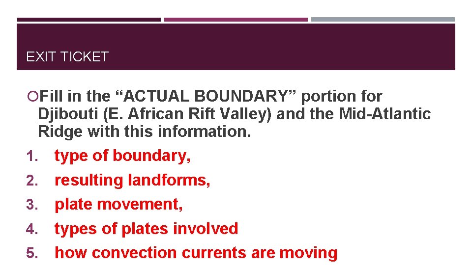 EXIT TICKET Fill in the “ACTUAL BOUNDARY” portion for Djibouti (E. African Rift Valley)