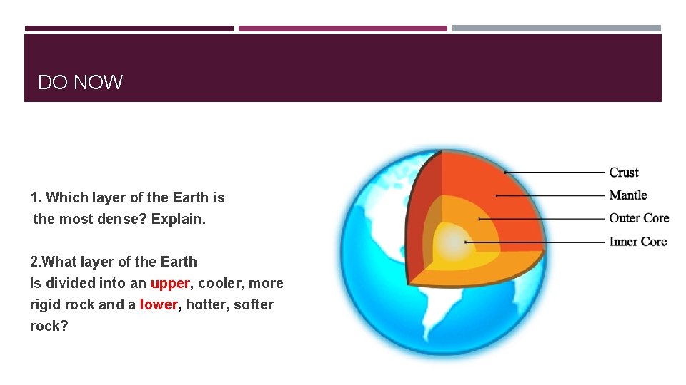 DO NOW 1. Which layer of the Earth is the most dense? Explain. 2.