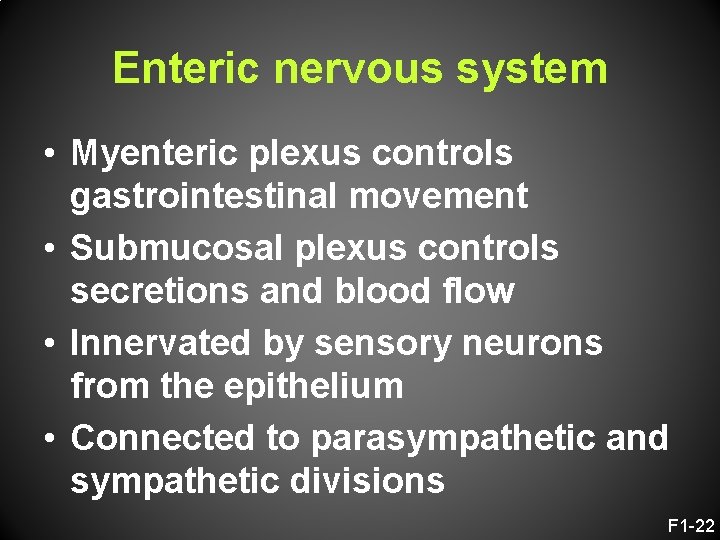 Enteric nervous system • Myenteric plexus controls gastrointestinal movement • Submucosal plexus controls secretions