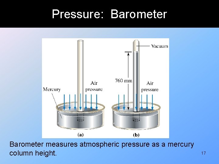 Pressure: Barometer measures atmospheric pressure as a mercury column height. 17 