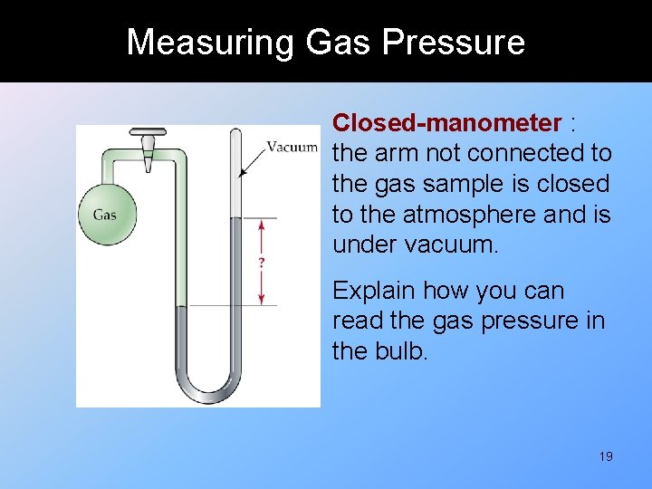 Measuring Gas Pressure Closed-manometer : the arm not connected to the gas sample is