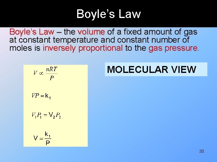 Boyle’s Law – the volume of a fixed amount of gas at constant temperature