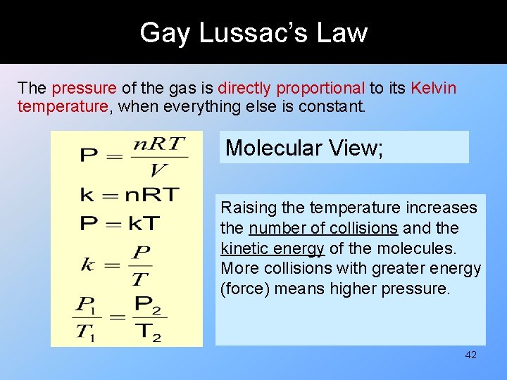 Gay Lussac’s Law The pressure of the gas is directly proportional to its Kelvin