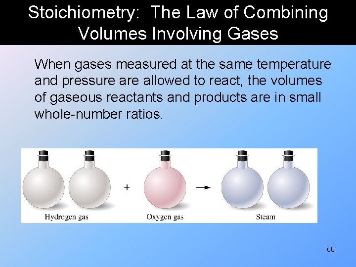 Stoichiometry: The Law of Combining Volumes Involving Gases When gases measured at the same