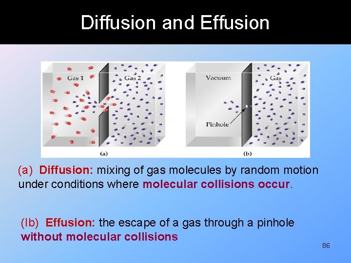 Diffusion and Effusion (a) Diffusion: mixing of gas molecules by random motion under conditions