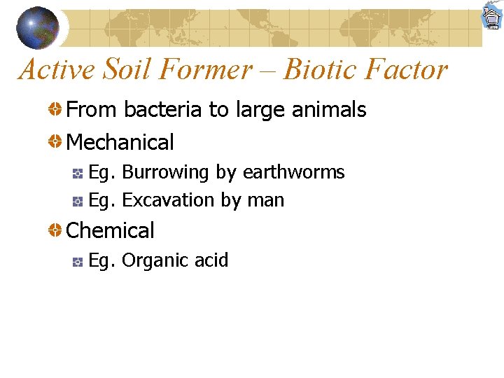 Active Soil Former – Biotic Factor From bacteria to large animals Mechanical Eg. Burrowing