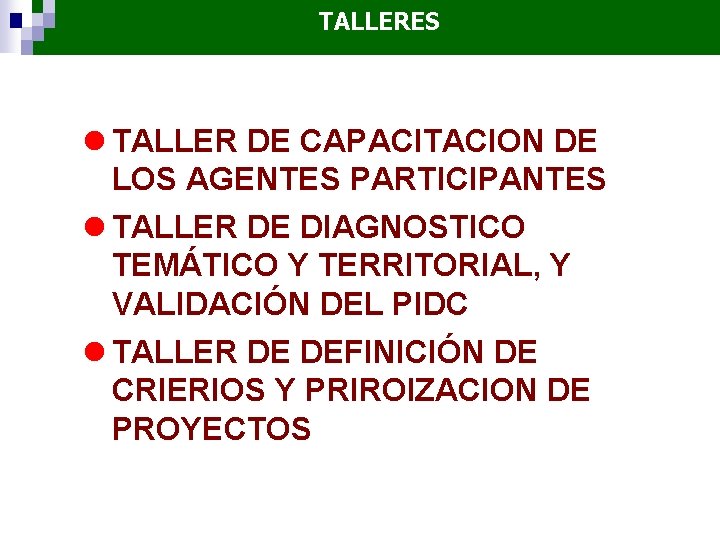 TALLERES l TALLER DE CAPACITACION DE LOS AGENTES PARTICIPANTES l TALLER DE DIAGNOSTICO TEMÁTICO