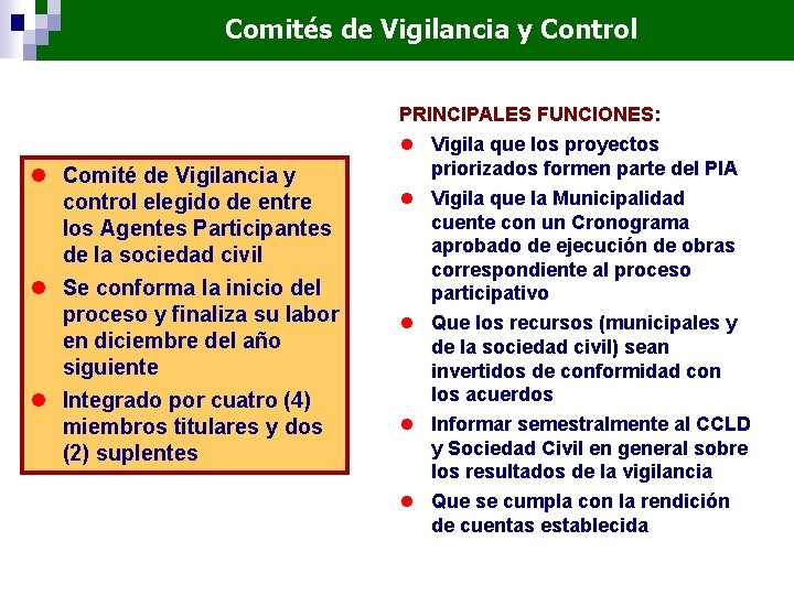 Comités de Vigilancia y Control PRINCIPALES FUNCIONES: l Comité de Vigilancia y control elegido