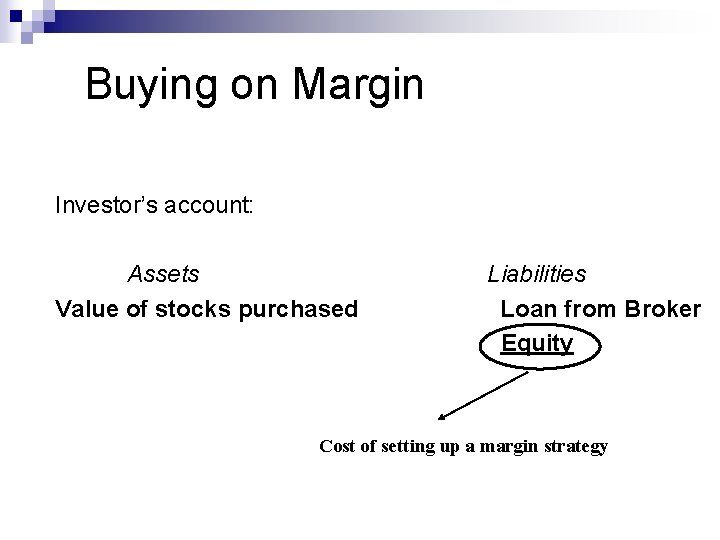 Buying on Margin Investor’s account: Assets Value of stocks purchased Liabilities Loan from Broker