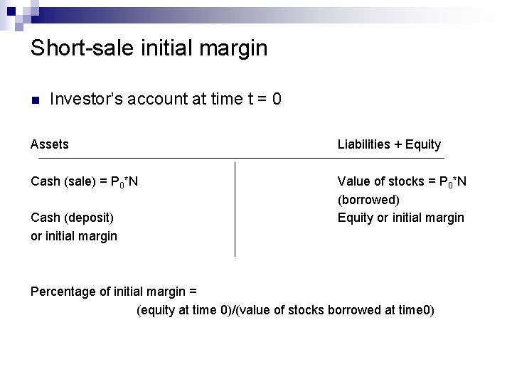 Short-sale initial margin n Investor’s account at time t = 0 Assets Liabilities +