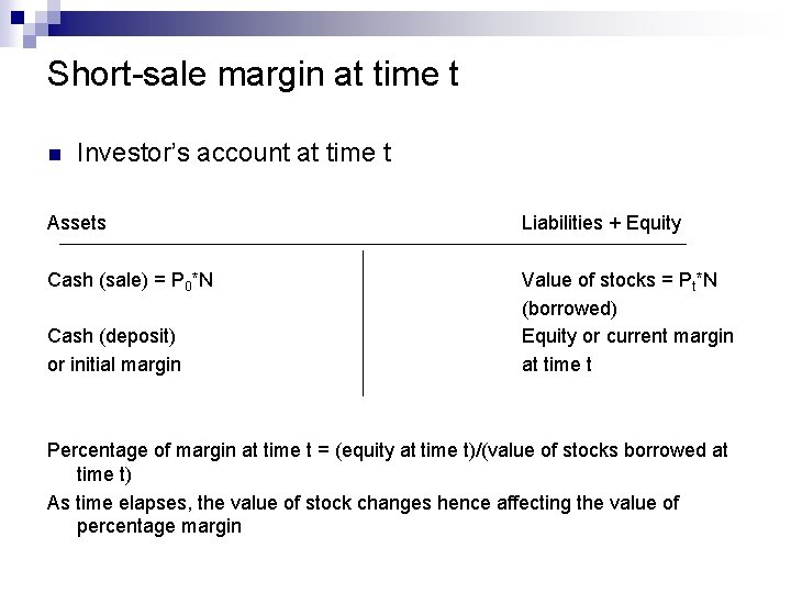 Short-sale margin at time t n Investor’s account at time t Assets Liabilities +