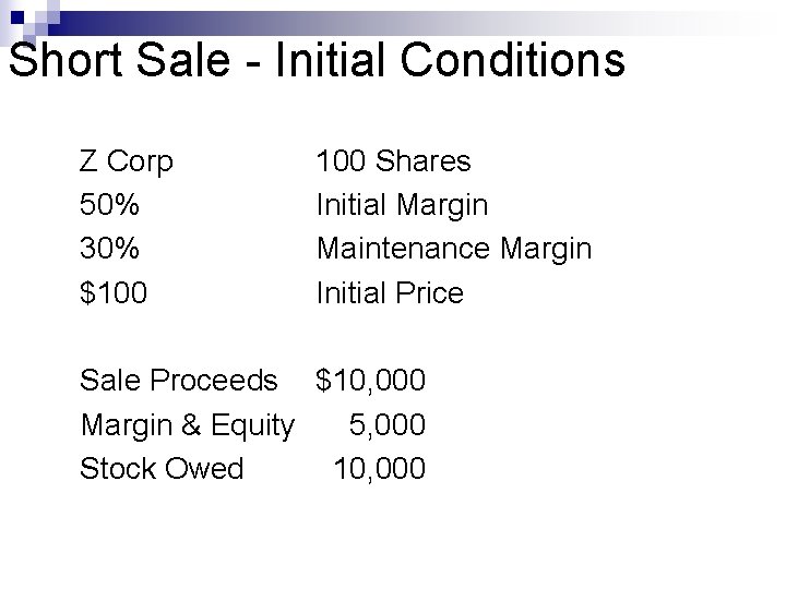 Short Sale - Initial Conditions Z Corp 50% 30% $100 Shares Initial Margin Maintenance