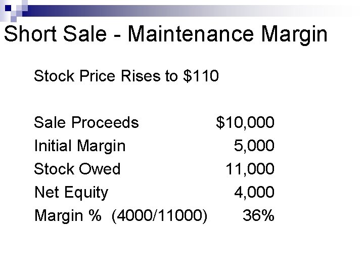Short Sale - Maintenance Margin Stock Price Rises to $110 Sale Proceeds $10, 000