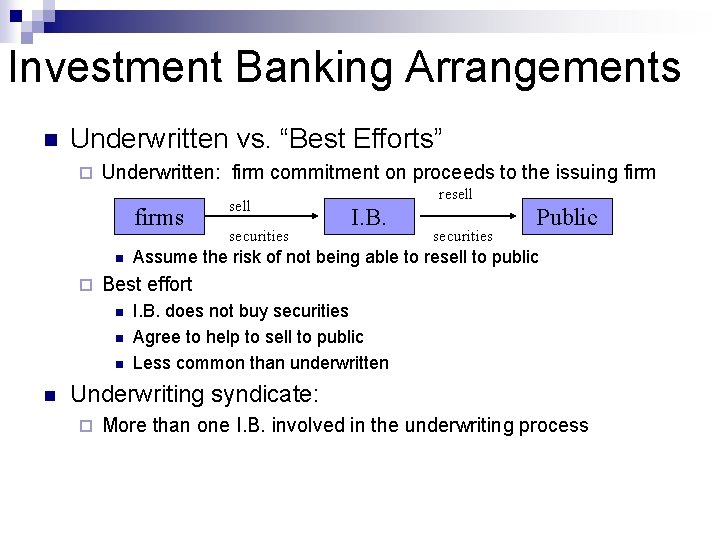 Investment Banking Arrangements n Underwritten vs. “Best Efforts” ¨ Underwritten: firm commitment on proceeds