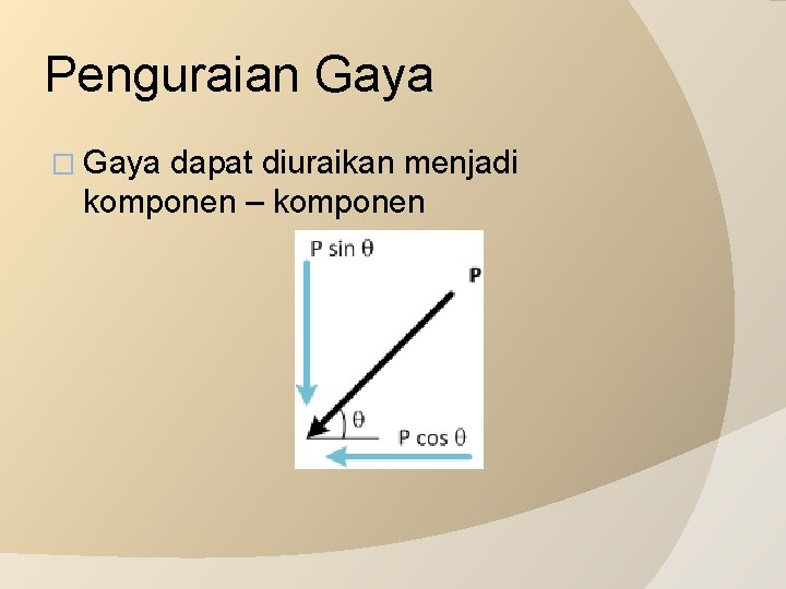 Penguraian Gaya � Gaya dapat diuraikan menjadi komponen – komponen 