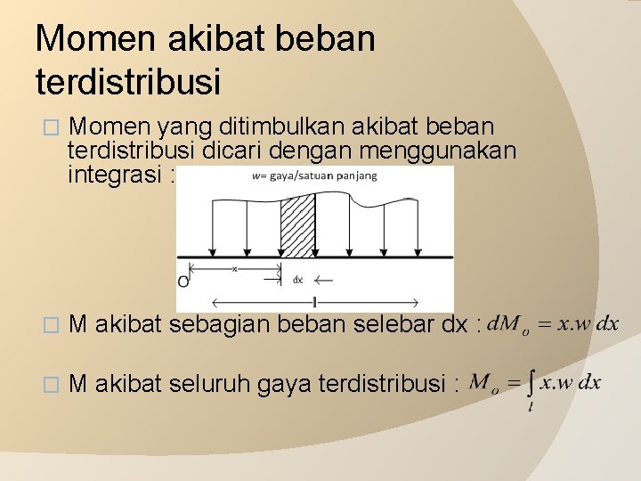 Momen akibat beban terdistribusi � Momen yang ditimbulkan akibat beban terdistribusi dicari dengan menggunakan