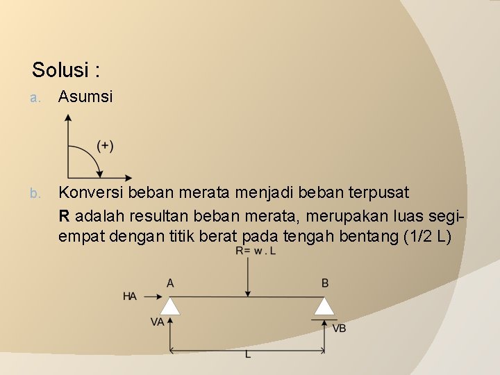 Solusi : a. Asumsi b. Konversi beban merata menjadi beban terpusat R adalah resultan