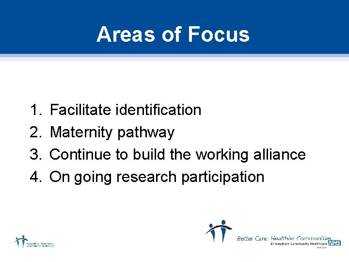 Areas of Focus 1. 2. 3. 4. Facilitate identification Maternity pathway Continue to build