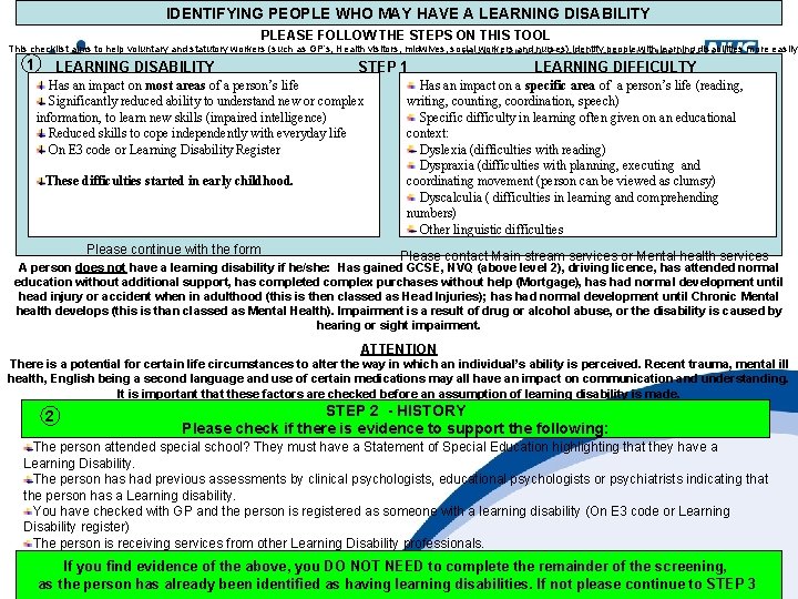 IDENTIFYING PEOPLE WHO MAY HAVE A LEARNING DISABILITY PLEASE FOLLOW THE STEPS ON THIS