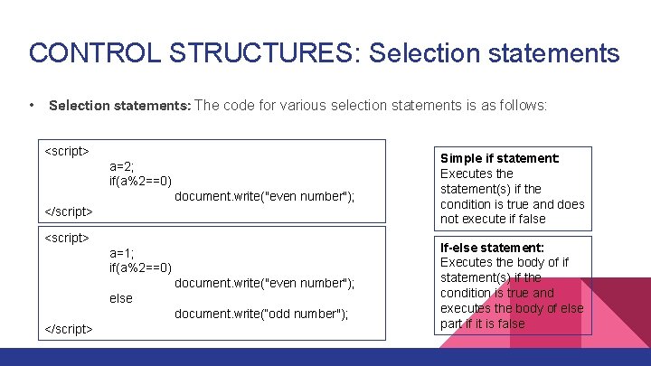 CONTROL STRUCTURES: Selection statements • Selection statements: The code for various selection statements is