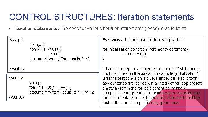 CONTROL STRUCTURES: Iteration statements • Iteration statements: The code for various iteration statements (loops)