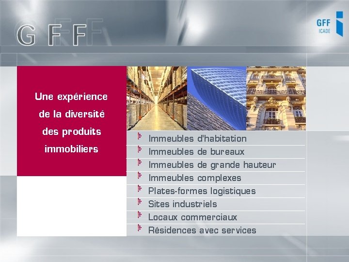 Une expérience de la diversité des produits immobiliers Immeubles d’habitation Immeubles de bureaux Immeubles Une expérience de la diversité des produits immobiliers Immeubles d’habitation Immeubles de bureaux Immeubles