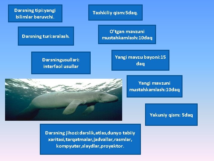 Darsning tipi: yangi bilimlar beruvchi. Darsning turi: aralash. Darsningusullari: interfaol usullar Tashkiliy qism: 5