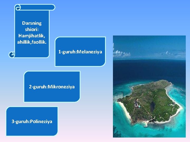 Darsning shiori: Hamjihatlik, ahillik, faollik. 1 -guruh: Melaneziya 2 -guruh: Mikroneziya 3 -guruh: Polineziya